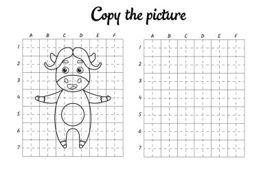 Fotoğrafı kopyala. Şebeke tarafından çiziliyor. Çocuklar için boyama kitabı sayfaları. El yazısı pratiği, çizim becerileri eğitimi. Eğitim, basılabilir çalışma tablosu geliştiriyor. Etkinlik sayfası. Şirin çizgi film vektör illüstrasyonu.