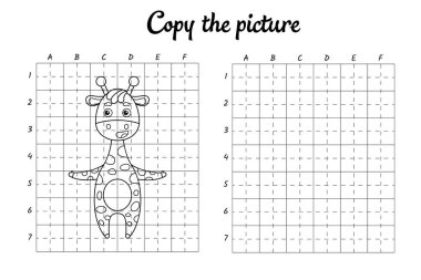 Fotoğrafı kopyala. Şebeke tarafından çiziliyor. Çocuklar için boyama kitabı sayfaları. El yazısı pratiği, çizim becerileri eğitimi. Eğitim, basılabilir çalışma tablosu geliştiriyor. Etkinlik sayfası. Şirin çizgi film vektör illüstrasyonu.