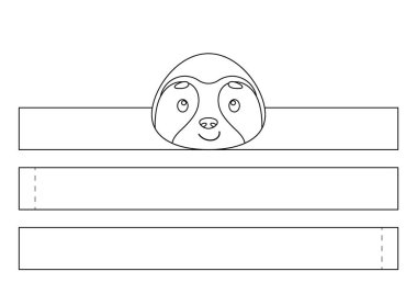 Yazdırılabilir miskin hayvan kağıt kaplama. Eğlence için eğlenceli bir aksesuar. Doğum günü, noel, bebek partisi için kurdele şablonu. Yazdır, boya, kes ve yapıştır. Vektör stok illüstrasyonu.