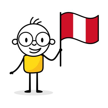 Beyaz arka planda Peru bayrağı tutan adam. El çizimi karalama çizgisi sanatçısı. Ülke kavramı. Vektör stok illüstrasyonu