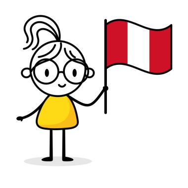 Beyaz arka planda Peru bayrağı tutan kadın. El çizimi karalama çizgisi sanatçısı. Ülke kavramı. Vektör stok illüstrasyonu