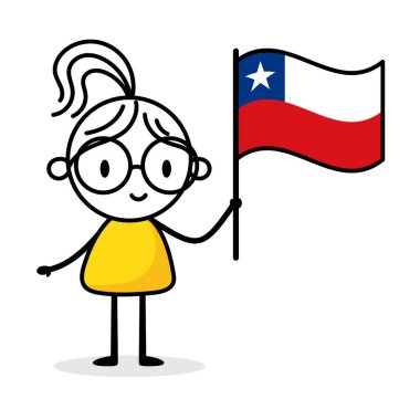 Beyaz arka planda Şili bayrağı taşıyan kadın. El çizimi karalama çizgisi sanatçısı. Ülke kavramı. Vektör stok illüstrasyonu