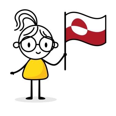 Beyaz arka planda Grönland bayrağı tutan kadın. El çizimi karalama çizgisi sanatçısı. Ülke kavramı. Vektör stok illüstrasyonu