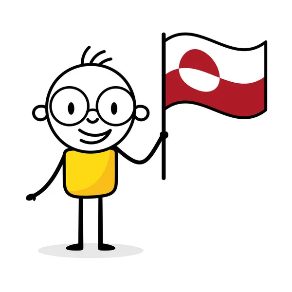 Muž Držící Vlajku Grónska Izolovaný Bílém Pozadí Ručně Kreslený Kreslíř — Stockový vektor