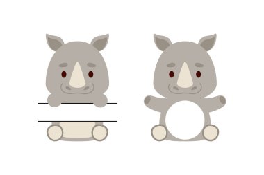 Sevimli küçük gergedan bölünmüş monogram. Çocuk tişörtleri, bebek odası dekorasyonu, bebek partisi, tebrik kartları, davetiyeler, hatıra defteri, ev dekorasyonu için komik çizgi film karakterleri. Vektör stok illüstrasyonu