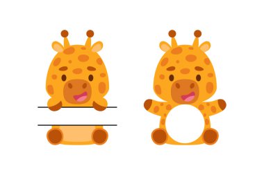 Şirin küçük zürafa, monogramı bölünmüş. Çocuk tişörtleri, bebek odası dekorasyonu, bebek partisi, tebrik kartları, davetiyeler, hatıra defteri, ev dekorasyonu için komik çizgi film karakterleri. Vektör stok illüstrasyonu