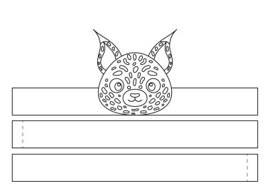 Yazdırılabilir vaşak kağıt kaplama. Eğlence için eğlenceli bir aksesuar. Doğum günü, noel, bebek partisi için kurdele şablonu. Yazdır, boya, kes ve yapıştır. Vektör stok illüstrasyonu.