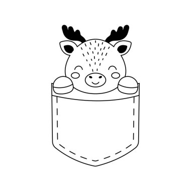 Cebinde oturan şirin geyik. Çocuk tişörtleri, giyim, çocuk odası dekorasyonu, tebrik kartları, davetiyeler, posterler, evin içi için İskandinav tarzı bir hayvan yüzü. Vektör stok illüstrasyonu