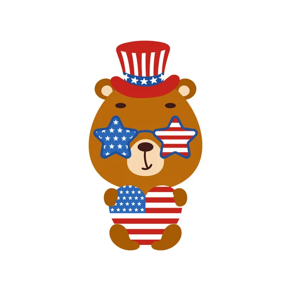 Aranyos Kis Medve Szívvel Lélekkel Usa Ban Hazafias Kalap Szemüveg — Stock Vector