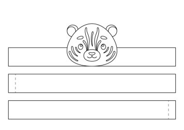 Basılabilir kaplan kağıt kaplan tacı. Eğlence için eğlenceli bir aksesuar. Doğum günü, noel, bebek partisi için kurdele şablonu. Yazdır, boya, kes ve yapıştır. Vektör stok illüstrasyonu.