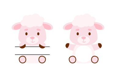 Sevimli küçük koyunlar monogramı böldü. Çocuk tişörtleri, bebek odası dekorasyonu, bebek partisi, tebrik kartları, davetiyeler, hatıra defteri, ev dekorasyonu için komik çizgi film karakterleri. Vektör stok illüstrasyonu