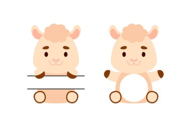 Küçük şirin alpaka bölünmüş monogram. Çocuk tişörtleri, bebek odası dekorasyonu, bebek partisi, tebrik kartları, davetiyeler, hatıra defteri, ev dekorasyonu için komik çizgi film karakterleri. Vektör stok illüstrasyonu