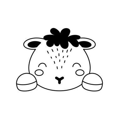 İskandinav tarzında şirin bir koyun kafası. Çocukların tişörtleri, giysileri, bebek odası dekorasyonu, tebrik kartları, davetiyeler, posterler, evin içi. Vektör stok illüstrasyonu