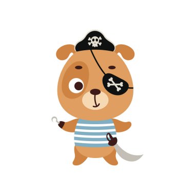 Kancası ve gözleri bağlı şirin bir korsan köpeği. Çocuk tişörtleri için çizgi film karakteri, bebek dekorasyonu, bebek partisi, tebrik kartı, davetiye, ev içi. Vektör stok illüstrasyonu