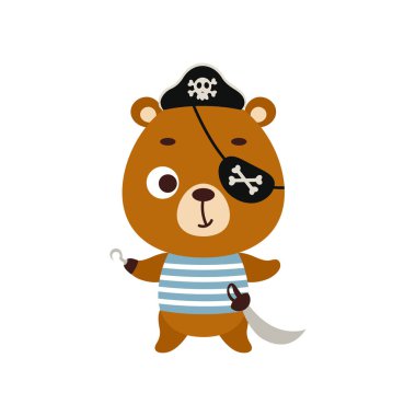 Kancası ve gözleri bağlı şirin bir korsan ayısı. Çocuk tişörtleri için çizgi film karakteri, bebek dekorasyonu, bebek partisi, tebrik kartı, davetiye, ev içi. Vektör stok illüstrasyonu