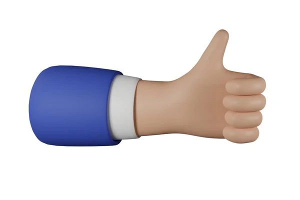 白い背景に親指で隔離された3D漫画のビジネスマンのキャラクターの手 手ジェスチャーフレンドリーな面白いスタイル 3Dレンダリング — ストック写真