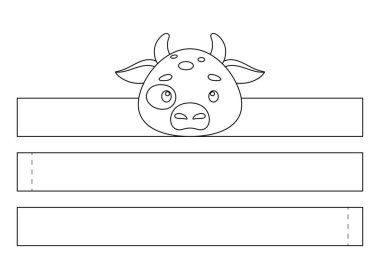 Basılabilir inek kağıdı kaplama. Eğlence için eğlenceli bir aksesuar. Doğum günü, noel, bebek partisi için kurdele şablonu. Yazdır, boya, kes ve yapıştır. Vektör stok illüstrasyonu.