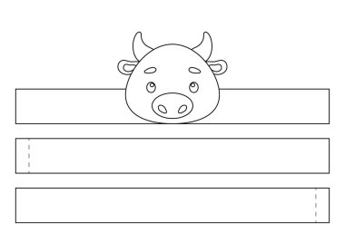 Yazdırılabilir boğa kağıdı kaplama. Eğlence için eğlenceli bir aksesuar. Doğum günü, noel, bebek partisi için kurdele şablonu. Yazdır, boya, kes ve yapıştır. Vektör stok illüstrasyonu.