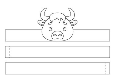 Basılabilir misk öküzü kağıt kaplama. Eğlence için eğlenceli bir aksesuar. Doğum günü, noel, bebek partisi için kurdele şablonu. Yazdır, boya, kes ve yapıştır. Vektör stok illüstrasyonu.