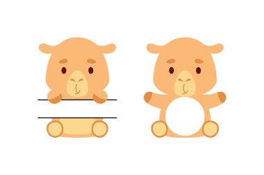 Sevimli küçük deve bölünmüş monogram. Çocuk tişörtleri, bebek odası dekorasyonu, bebek partisi, tebrik kartları, davetiyeler, hatıra defteri, ev dekorasyonu için komik çizgi film karakterleri. Vektör stok illüstrasyonu