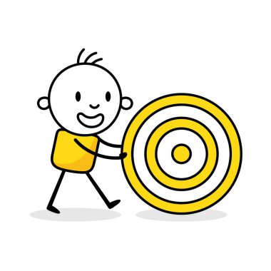 İş adamı beyaz arka planda bir hedefi zorluyor. El çizimi karalama adamı. Vektör stok illüstrasyonu.