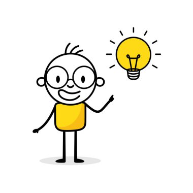 Beyaz arka planda kafasının üstünde ampul olan bir iş adamı. El çizimi karalama adamı. Fikir ve yaratıcılık kavramı. Vektör stok illüstrasyonu.