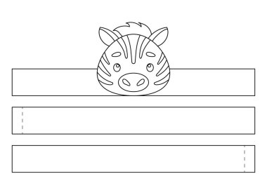 Yazdırılabilir zebra kağıt kaplama. Eğlence için eğlenceli bir aksesuar. Doğum günü, noel, bebek partisi için kurdele şablonu. Yazdır, boya, kes ve yapıştır. Vektör stok illüstrasyonu.