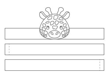 Yazdırılabilir zürafa kağıt kaplama. Eğlence için eğlenceli bir aksesuar. Doğum günü, noel, bebek partisi için kurdele şablonu. Yazdır, boya, kes ve yapıştır. Vektör stok illüstrasyonu.