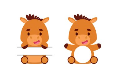 Küçük şirin at monogramı. Çocuk tişörtleri, bebek odası dekorasyonu, bebek partisi, tebrik kartları, davetiyeler, hatıra defteri, ev dekorasyonu için komik çizgi film karakterleri. Vektör stok illüstrasyonu