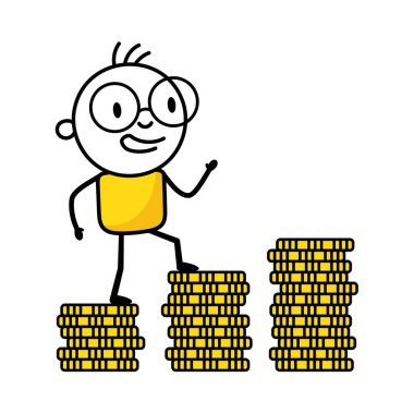 Maddi bağımsızlığı için altın madeni paralara koşan bir adam. Gelecek için finansal planlama. Vektör stok illüstrasyonu.