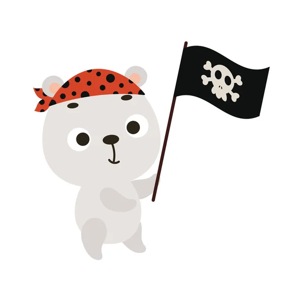 Słodki Mały Niedźwiedź Polarny Flagą Piratów Kreskówkowy Charakter Zwierząt Dla — Wektor stockowy
