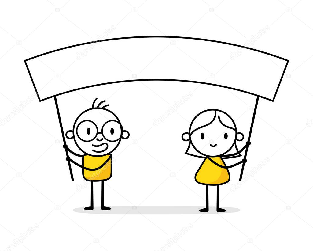 Man and woman hold empty blank banner. Claim concept. Vector stock illustration.