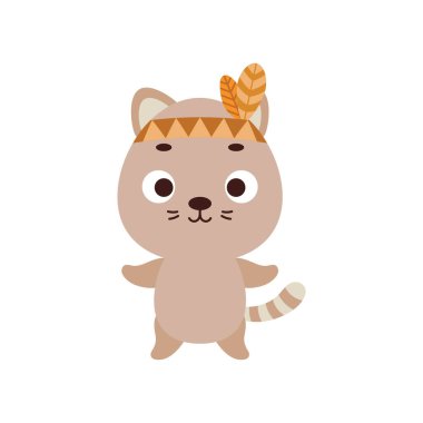 Sevimli kabile kedisi. Vahşi ve özgür. Çocuk tişörtleri için çizgi film karakteri, bebek dekorasyonu, bebek partisi, tebrik kartı, davetiye, ev içi. Vektör stok illüstrasyonu