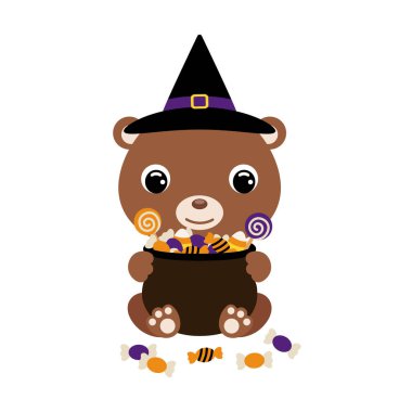 Cadı şapkalı şirin cadılar bayramı ayısı elinde şeker dolu bir çömlek tutuyor. Çocuk tişörtleri için çizgi film karakteri, çocuk odası dekorasyonu, bebek partisi, tebrik kartı, davetiye. Vektör stok illüstrasyonu