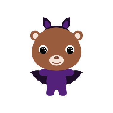 Yarasa kostümü giymiş şirin bir Cadılar Bayramı ayısı. Çocuk tişörtleri için çizgi film karakteri, bebek dekorasyonu, bebek partisi, tebrik kartı, davetiye, ev içi. Vektör stok illüstrasyonu