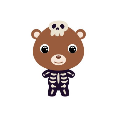 İskelet kostümlü şirin bir Cadılar Bayramı ayısı. Çocuk tişörtleri için çizgi film karakteri, bebek dekorasyonu, bebek partisi, tebrik kartı, davetiye, ev içi. Vektör stok illüstrasyonu