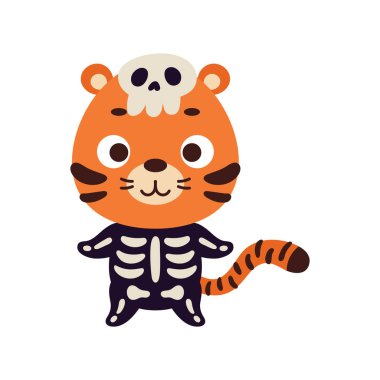 İskelet kostümlü şirin bir Cadılar Bayramı kaplanı. Çocuk tişörtleri için çizgi film karakteri, bebek dekorasyonu, bebek partisi, tebrik kartı, davetiye, ev içi. Vektör stok illüstrasyonu