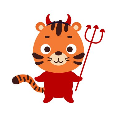 Şeytan kostümü giymiş şirin bir Cadılar Bayramı kaplanı. Çocuk tişörtleri için çizgi film karakteri, bebek dekorasyonu, bebek partisi, tebrik kartı, davetiye, ev içi. Vektör stok illüstrasyonu