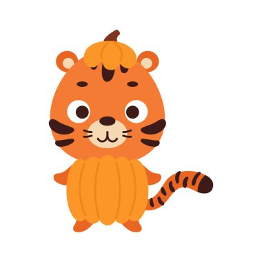 Balkabağı kostümlü şirin bir Cadılar Bayramı kaplanı. Çocuk tişörtleri için çizgi film karakteri, bebek dekorasyonu, bebek partisi, tebrik kartı, davetiye, ev içi. Vektör stok illüstrasyonu