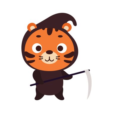 Azrail kostümlü şirin bir Cadılar Bayramı kaplanı. Çocuk tişörtleri için çizgi film karakteri, bebek dekorasyonu, bebek partisi, tebrik kartı, davetiye, ev içi. Vektör stok illüstrasyonu