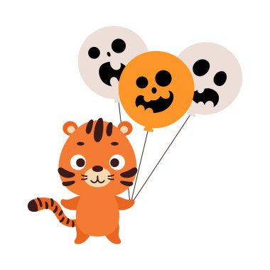 Cadılar Bayramı balonları tutan şirin bir kaplan. Çocuk tişörtleri için çizgi film karakteri, çocuk odası dekorasyonu, bebek partisi, tebrik kartı, davetiye. Vektör stok illüstrasyonu