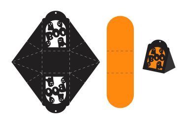 Mutlu Cadılar Bayramı kutuları. Şeker, şeker, küçük hediyeler ve fırın için hediye kutusu. Basit ambalaj die şablonu lazer için kesilmiş siluet hayaletler.