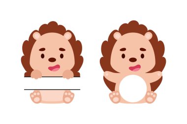 Şirin, küçük kirpi bölünmüş monogram. Çocuk tişörtleri, bebek odası dekorasyonu, bebek partisi, tebrik kartları, davetiyeler, hatıra defteri, ev dekorasyonu için komik çizgi film karakterleri. Vektör stok illüstrasyonu