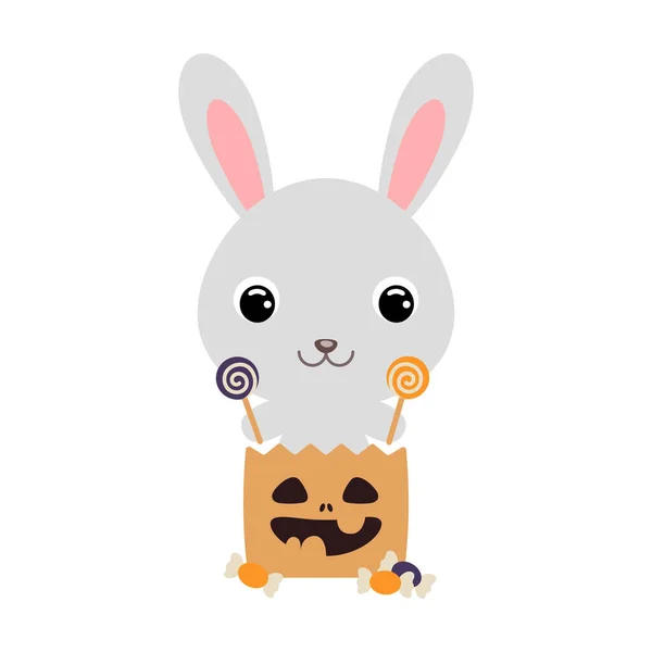 Mignon Lapin Halloween Assis Dans Tour Traiter Sac Avec Des — Image vectorielle