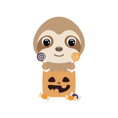 Şeker dolu şeker torbasında oturan şirin Cadılar Bayramı tembelliği. Çocuk tişörtleri için çizgi film karakteri, çocuk odası dekorasyonu, bebek partisi, tebrik kartı, davetiye. Vektör stok illüstrasyonu