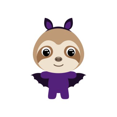 Yarasa kostümü giymiş şirin bir Cadılar Bayramı tembelliği. Çocuk tişörtleri için çizgi film karakteri, bebek dekorasyonu, bebek partisi, tebrik kartı, davetiye, ev içi. Vektör stok illüstrasyonu