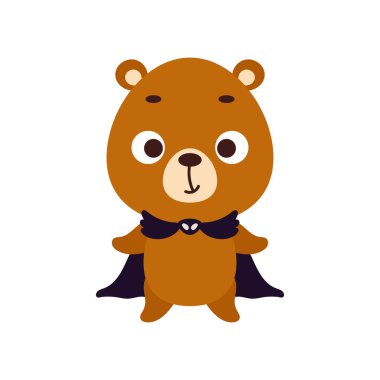 Büyücü kostümü giymiş şirin bir Cadılar Bayramı ayısı. Çocuk tişörtleri için çizgi film karakteri, bebek dekorasyonu, bebek partisi, tebrik kartı, davetiye, ev içi. Vektör stok illüstrasyonu