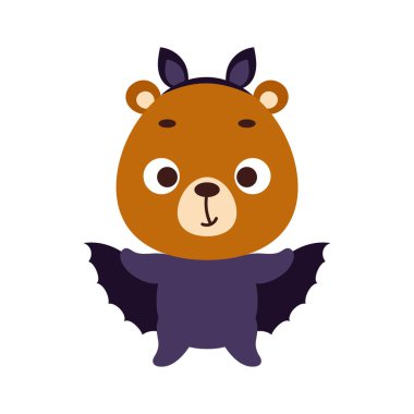 Yarasa kostümü giymiş şirin bir Cadılar Bayramı ayısı. Çocuk tişörtleri için çizgi film karakteri, bebek dekorasyonu, bebek partisi, tebrik kartı, davetiye, ev içi. Vektör stok illüstrasyonu