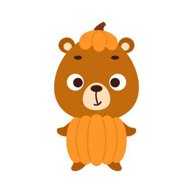 Balkabağı kostümlü şirin bir Cadılar Bayramı ayısı. Çocuk tişörtleri için çizgi film karakteri, bebek dekorasyonu, bebek partisi, tebrik kartı, davetiye, ev içi. Vektör stok illüstrasyonu