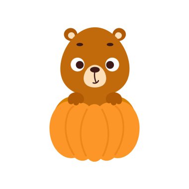 Balkabağının içinde oturan sevimli küçük ayı. Çocuk tişörtleri için çizgi film karakteri, çocuk odası dekorasyonu, bebek partisi, tebrik kartı, davetiye. Vektör stok illüstrasyonu